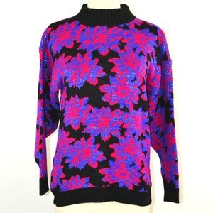 1980s Purple, Pink and Black Poinsettia Sweater